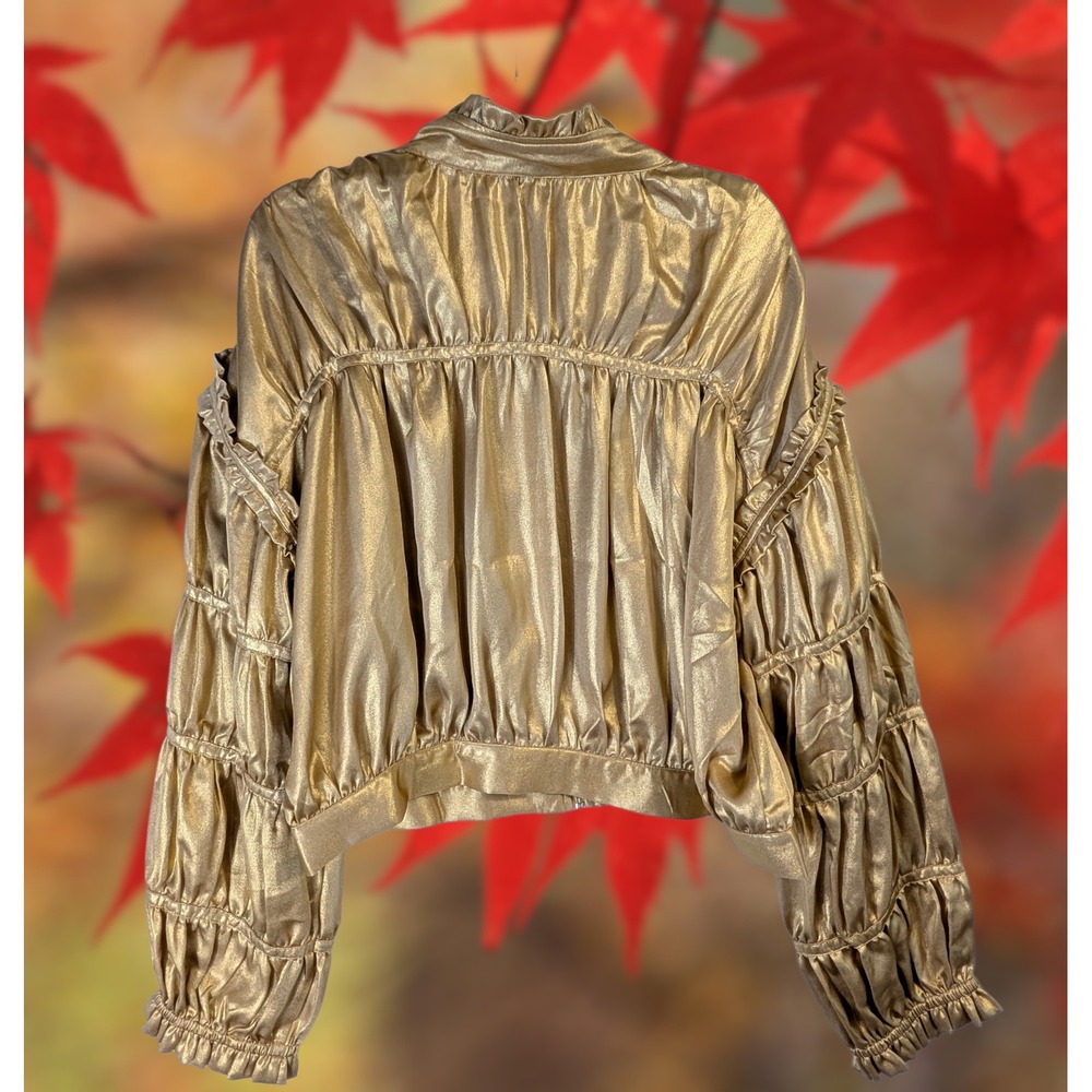 Current Air Los Angeles Gold Metallic Ruffle Blouson Jacket XL Oversized - Picture 2 of 10